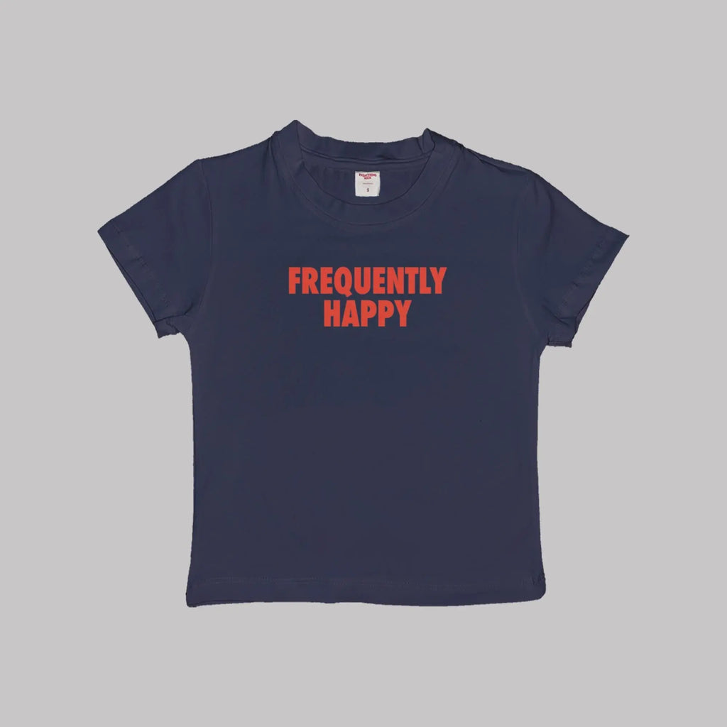 Navy crop baby tee with crew neck and red “FREQUENTLY HAPPY” graphic