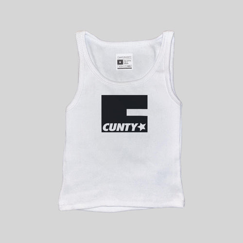 White ribbed muscle tank top with front logo patch and scoop neck