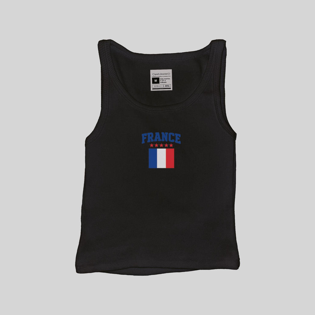 Black ribbed muscle tank with centered “FRANCE” and tricolor flag print