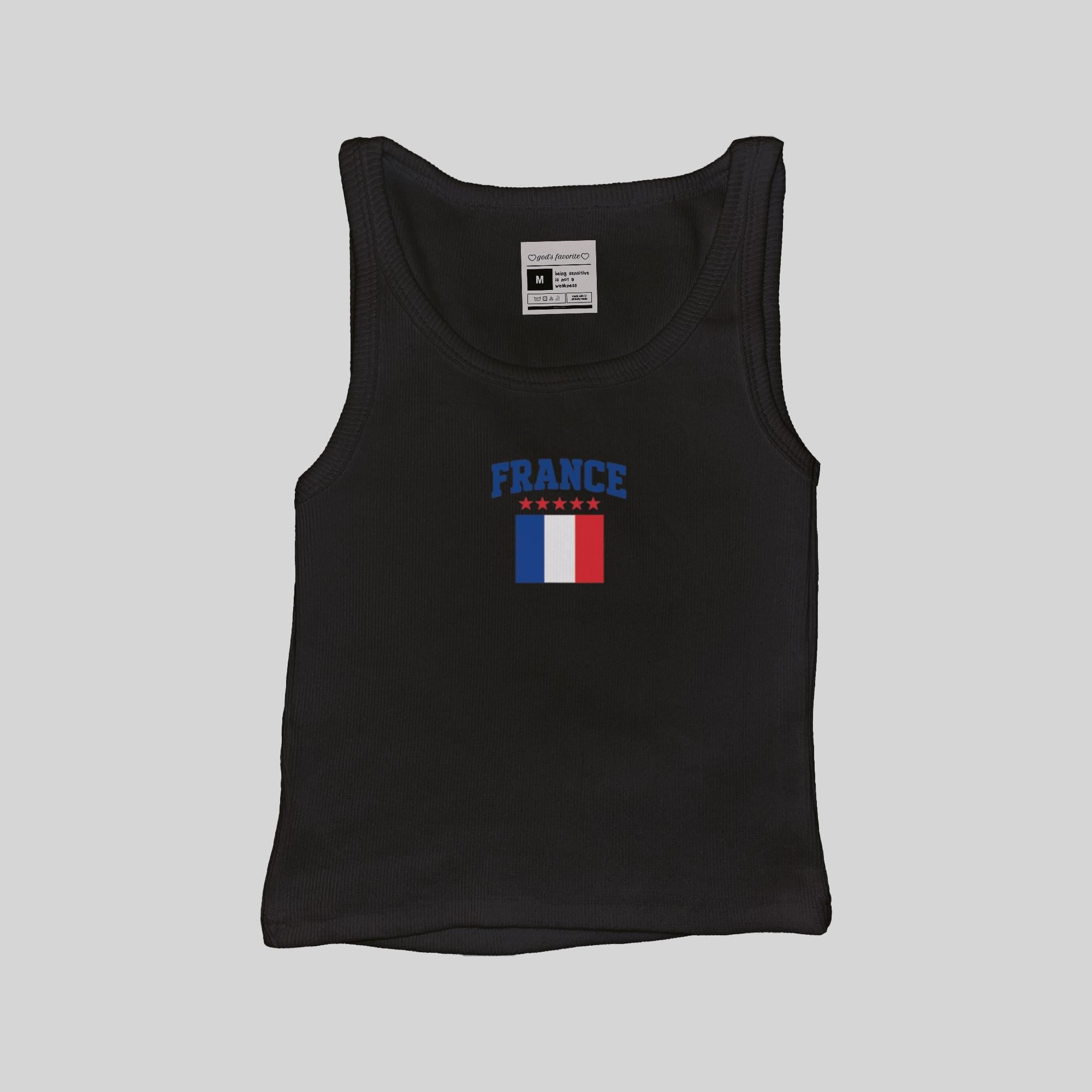Black ribbed muscle tank with centered “FRANCE” and tricolor flag print