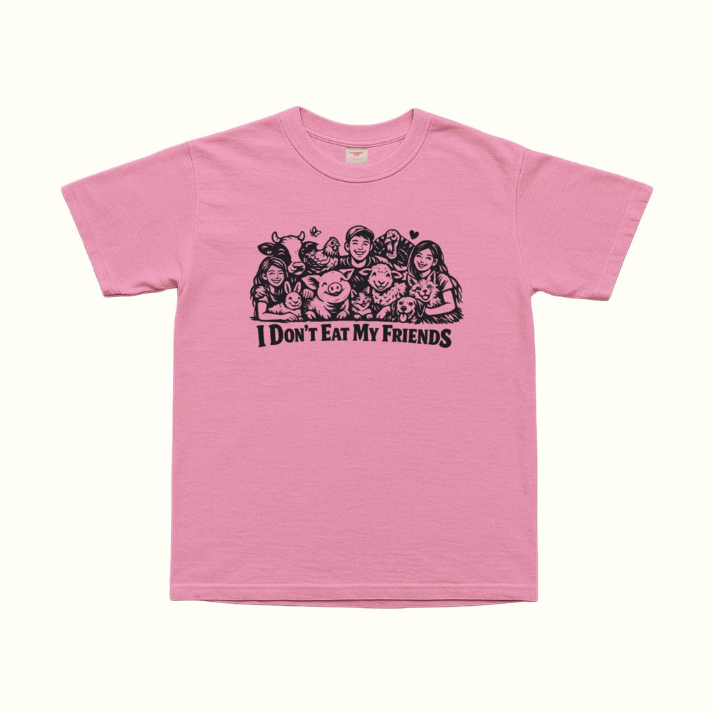 Pink T-shirt with “I Don’t Eat My Friends” graphic and group animal illustration
