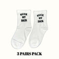 White crew socks 3-pack with black 'SUCK MY DICK' lettering