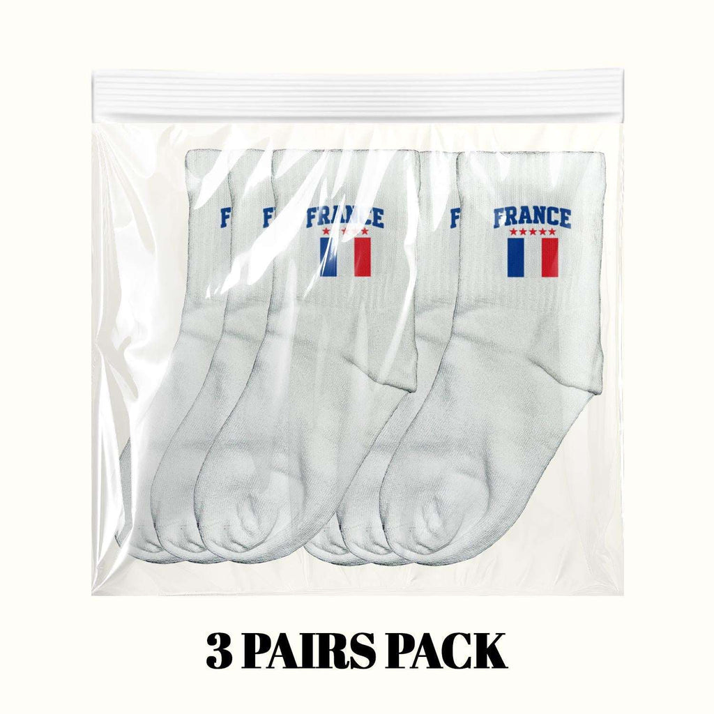 3-pack of white crew socks with France flag logos in a bag