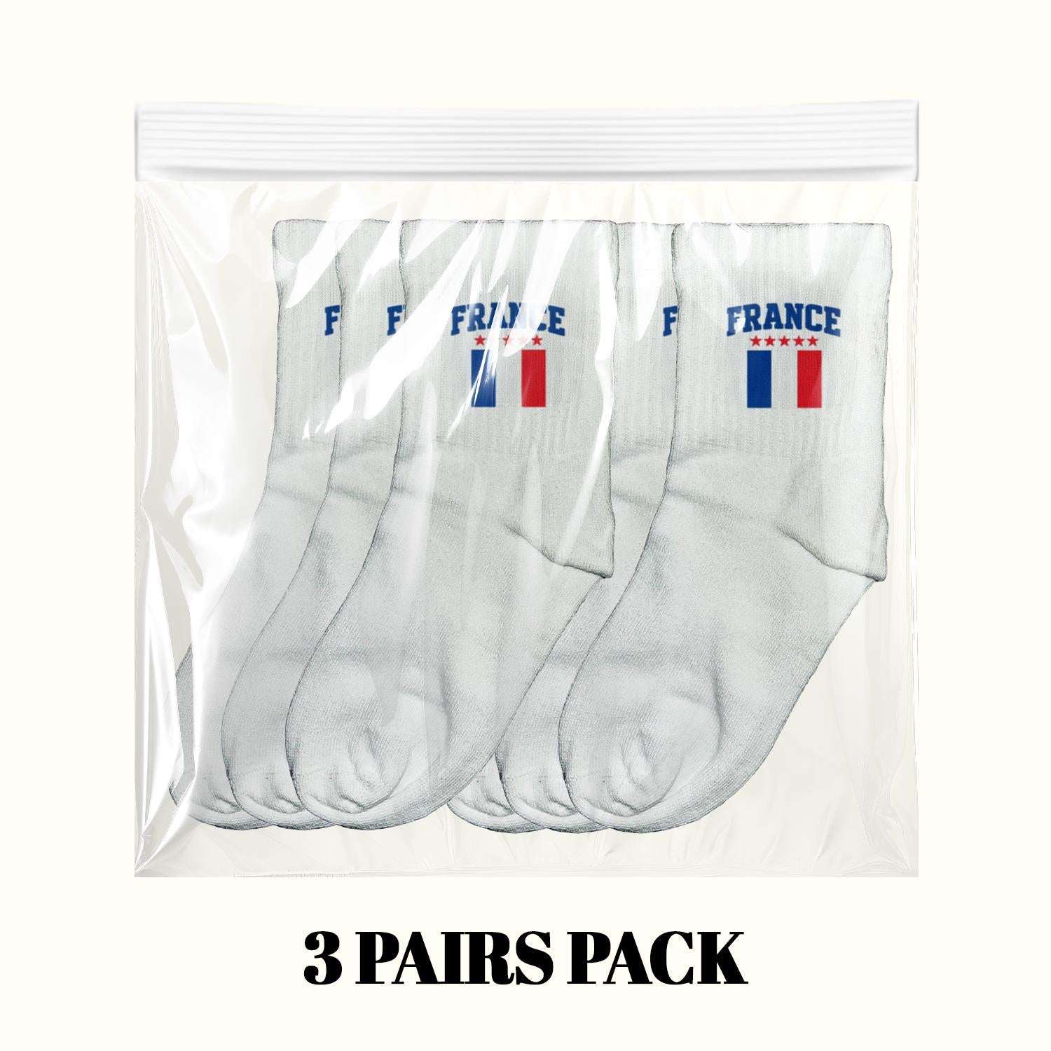 3-pack of white crew socks with France flag logos in a bag