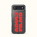 Adult Films iPhone case, dark back with red vertical logo and camera cutout