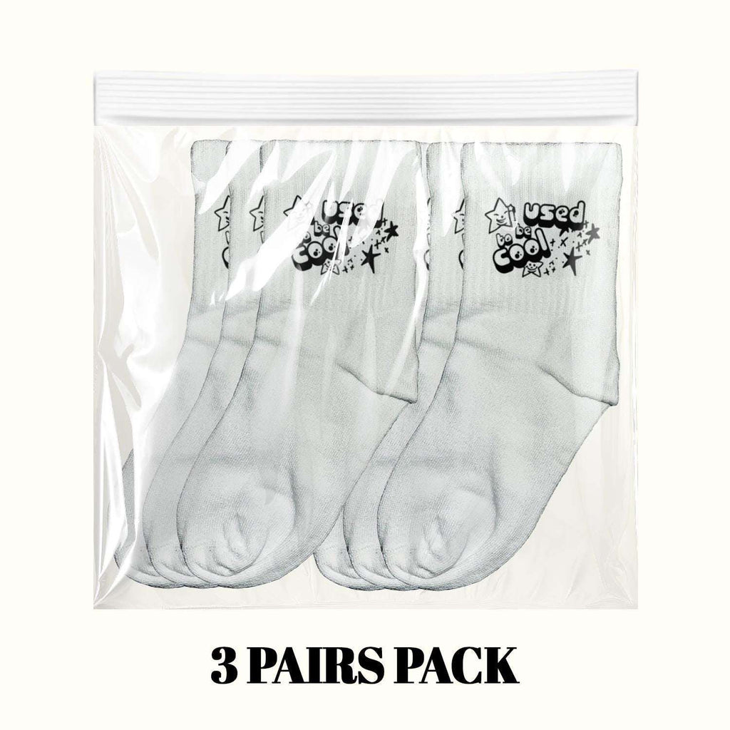 3-pair sock pack in bag, light gray with 'Used be Cool' star cartoon print