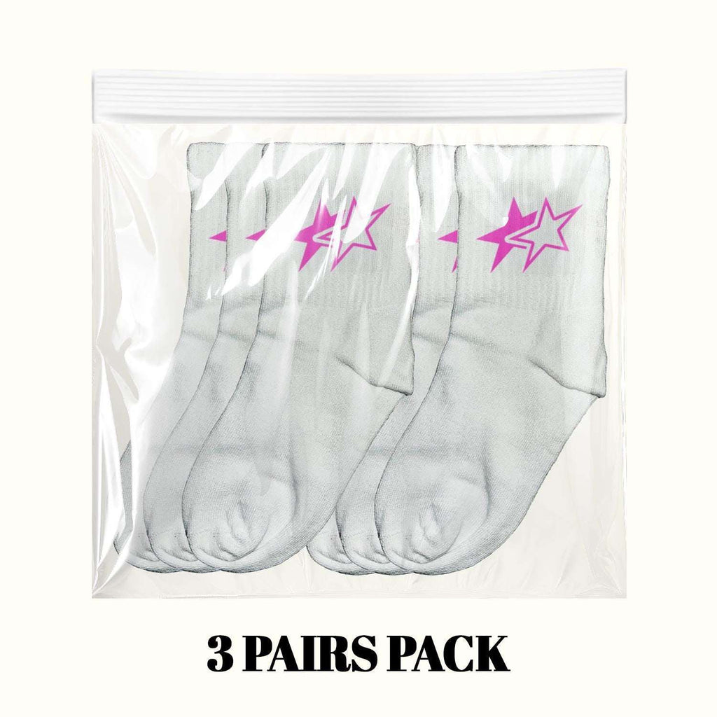 White crew socks in clear bag with pink lightning star graphic, 3-pair pack