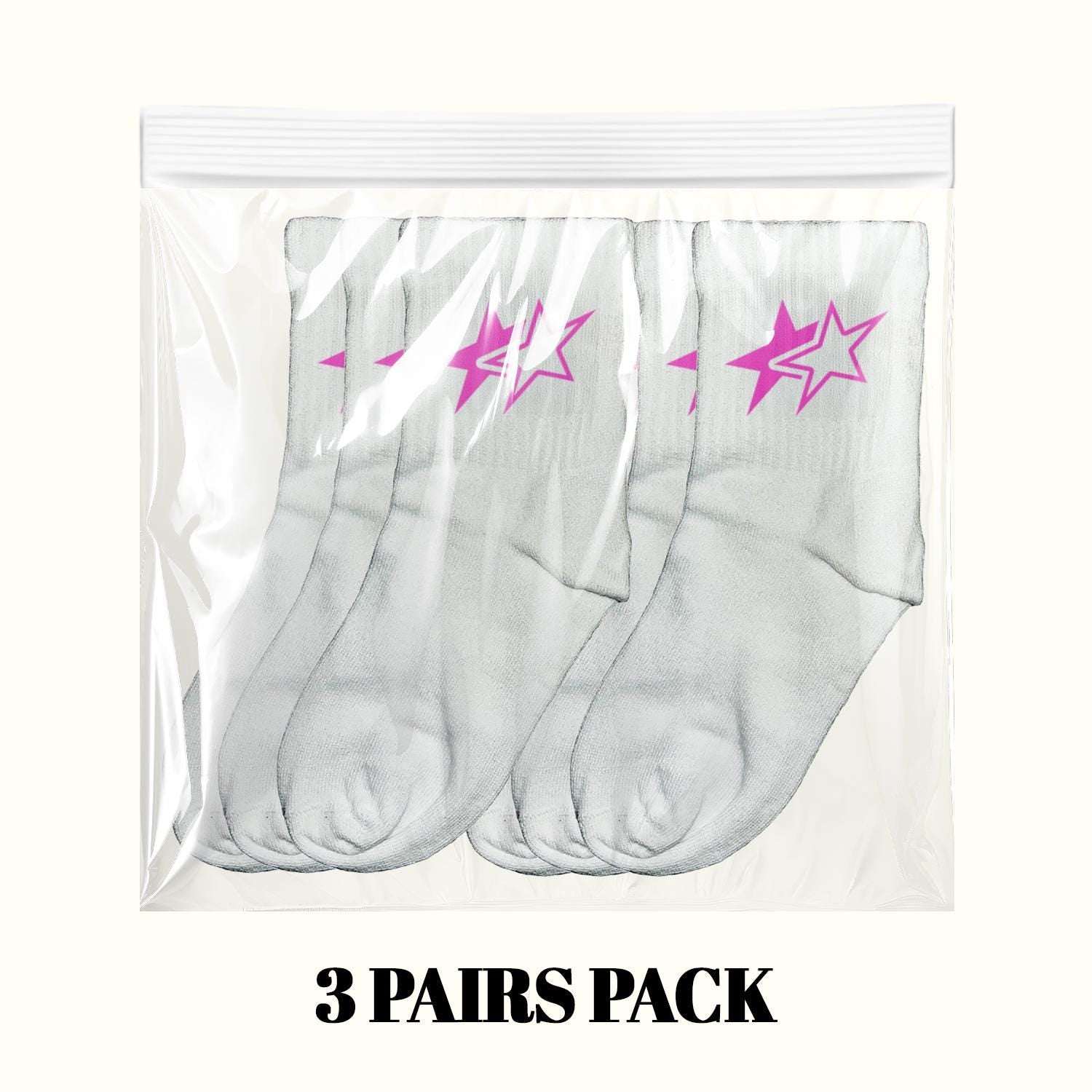 White crew socks in clear bag with pink lightning star graphic, 3-pair pack