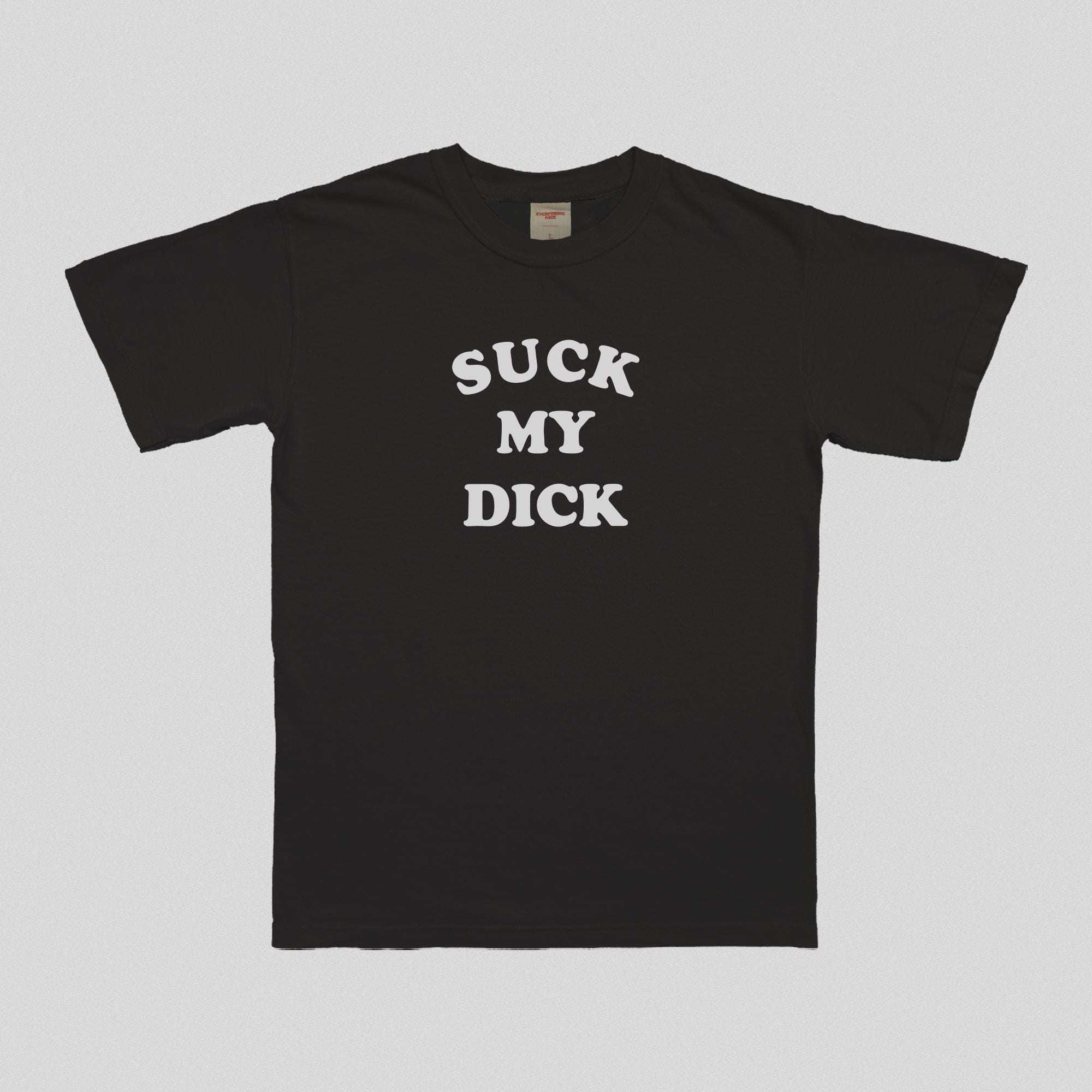 Black unisex T-shirt, front view, large white graphic text on chest, short sleeves