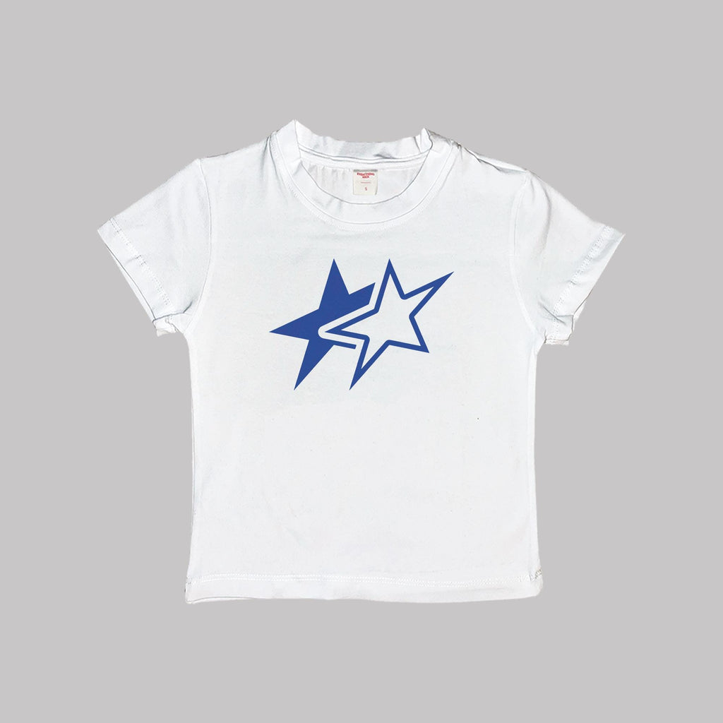 White baby crop tee, front view with blue double-star print