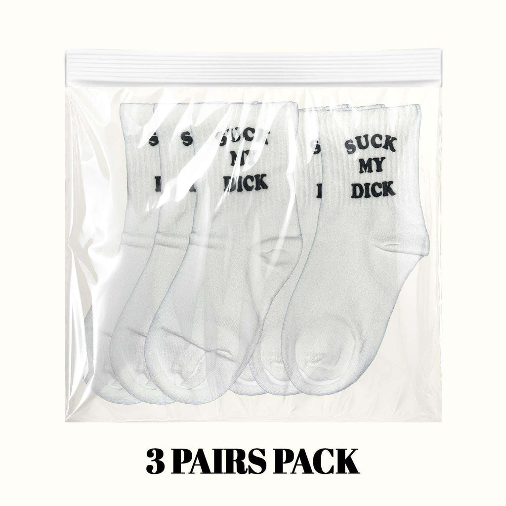 Three-pack of white crew socks in bag with black 'SUCK MY DICK' lettering