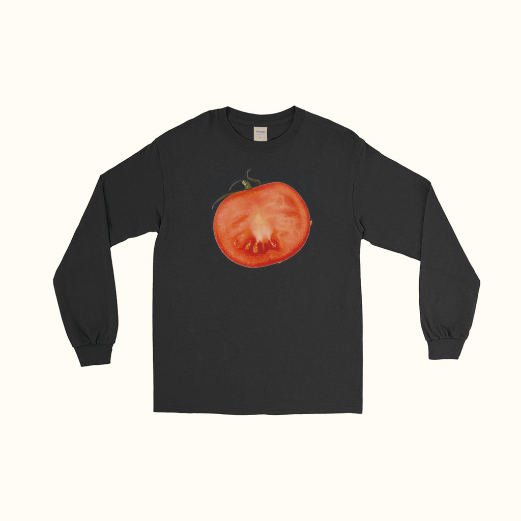 Black long-sleeve T-shirt with tomato slice graphic on the front