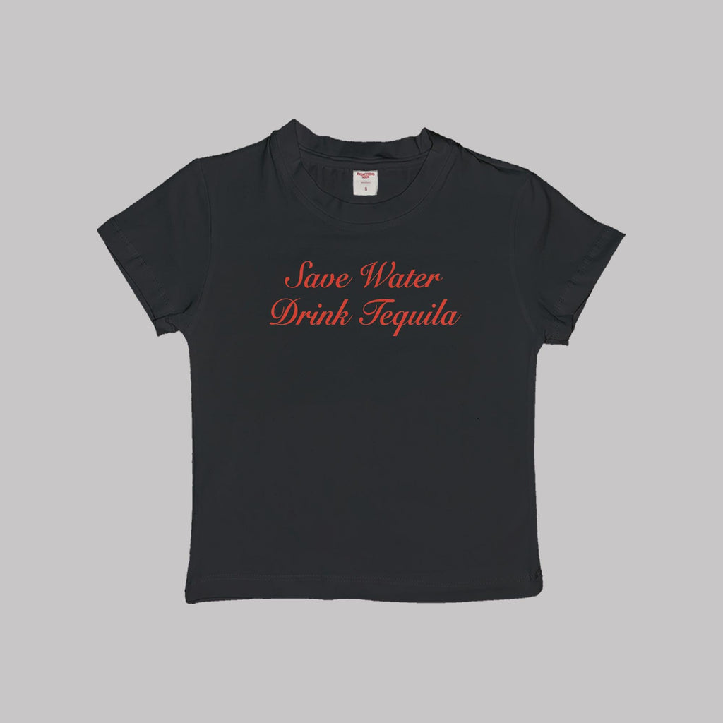 Black baby tee crop top with red “Save Water Drink Tequila” printed slogan