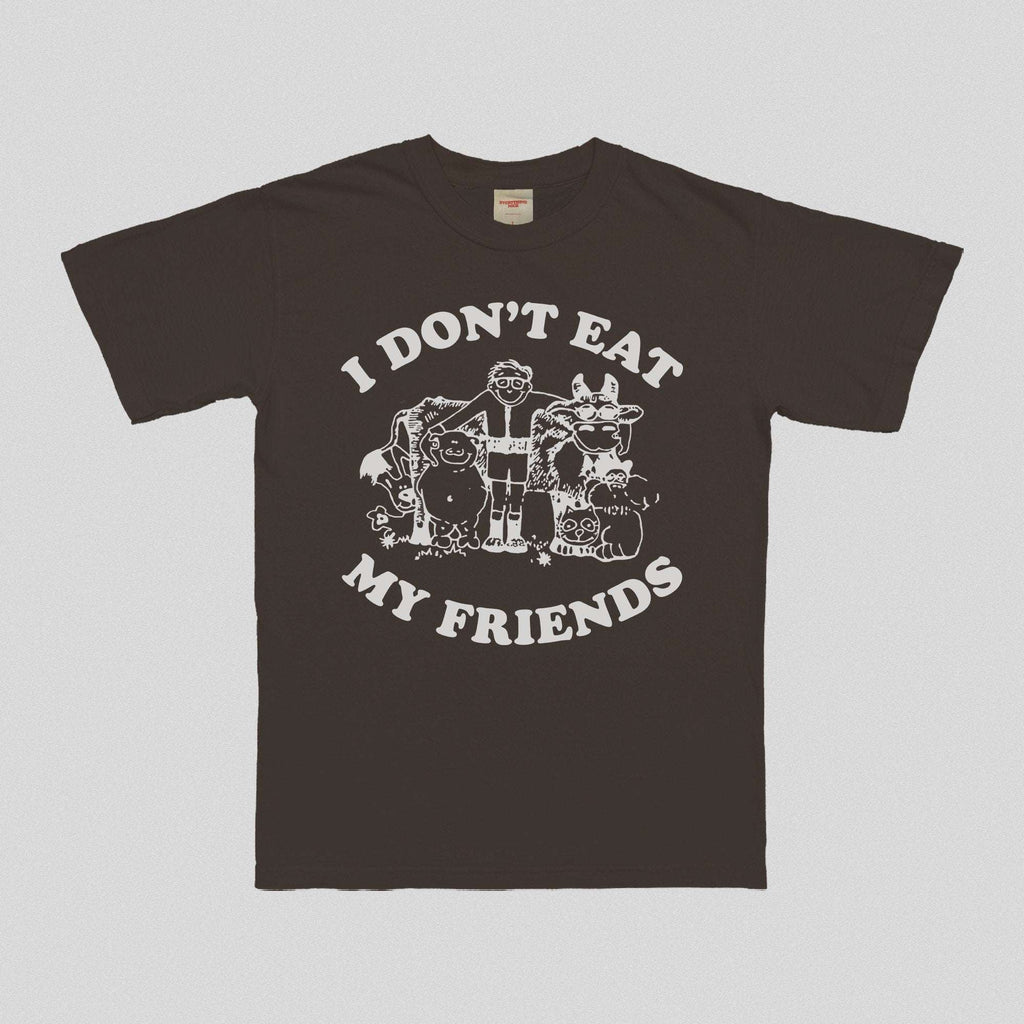 Dark brown graphic unisex t-shirt with cartoon friends print, crew neck, short sleeves