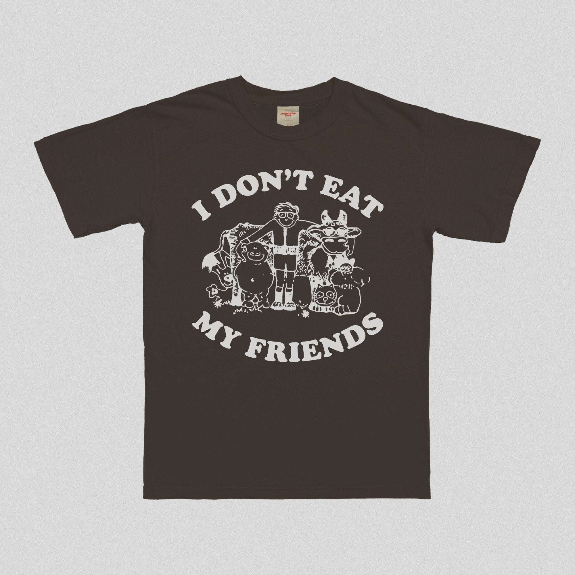 Dark brown graphic unisex t-shirt with cartoon friends print, crew neck, short sleeves