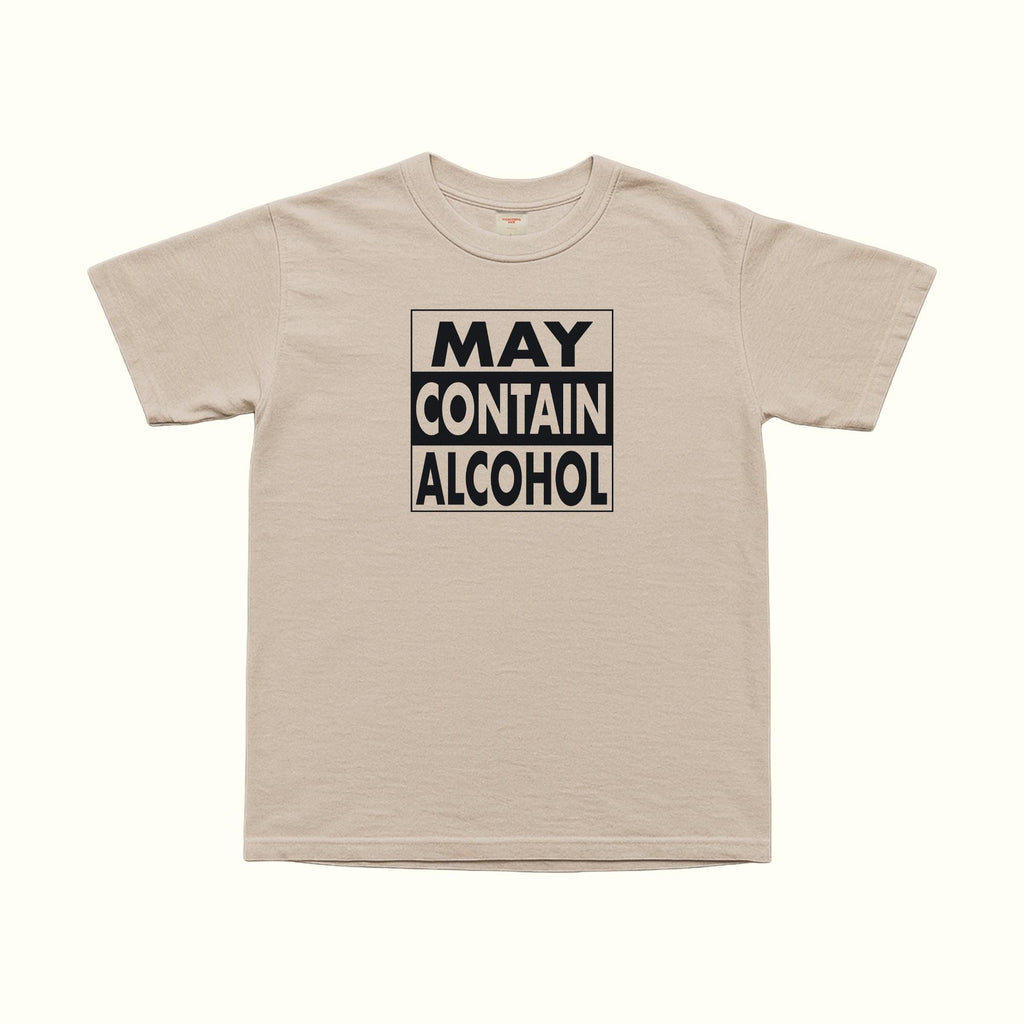 May Contain Alcohol T-Shirt in beige with “MAY CONTAIN ALCOHOL” box graphic