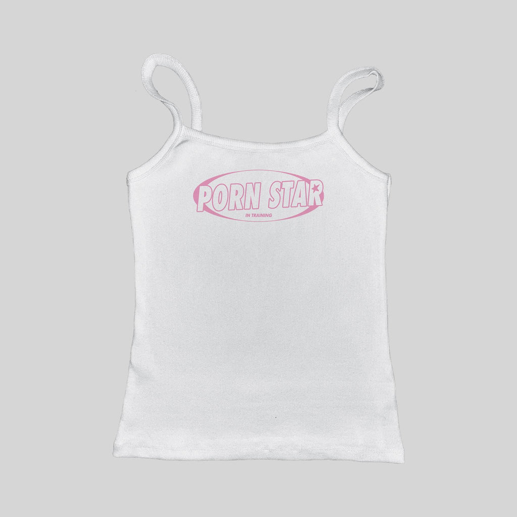 Ribbed tank top, white, “PORN STAR” front logo print