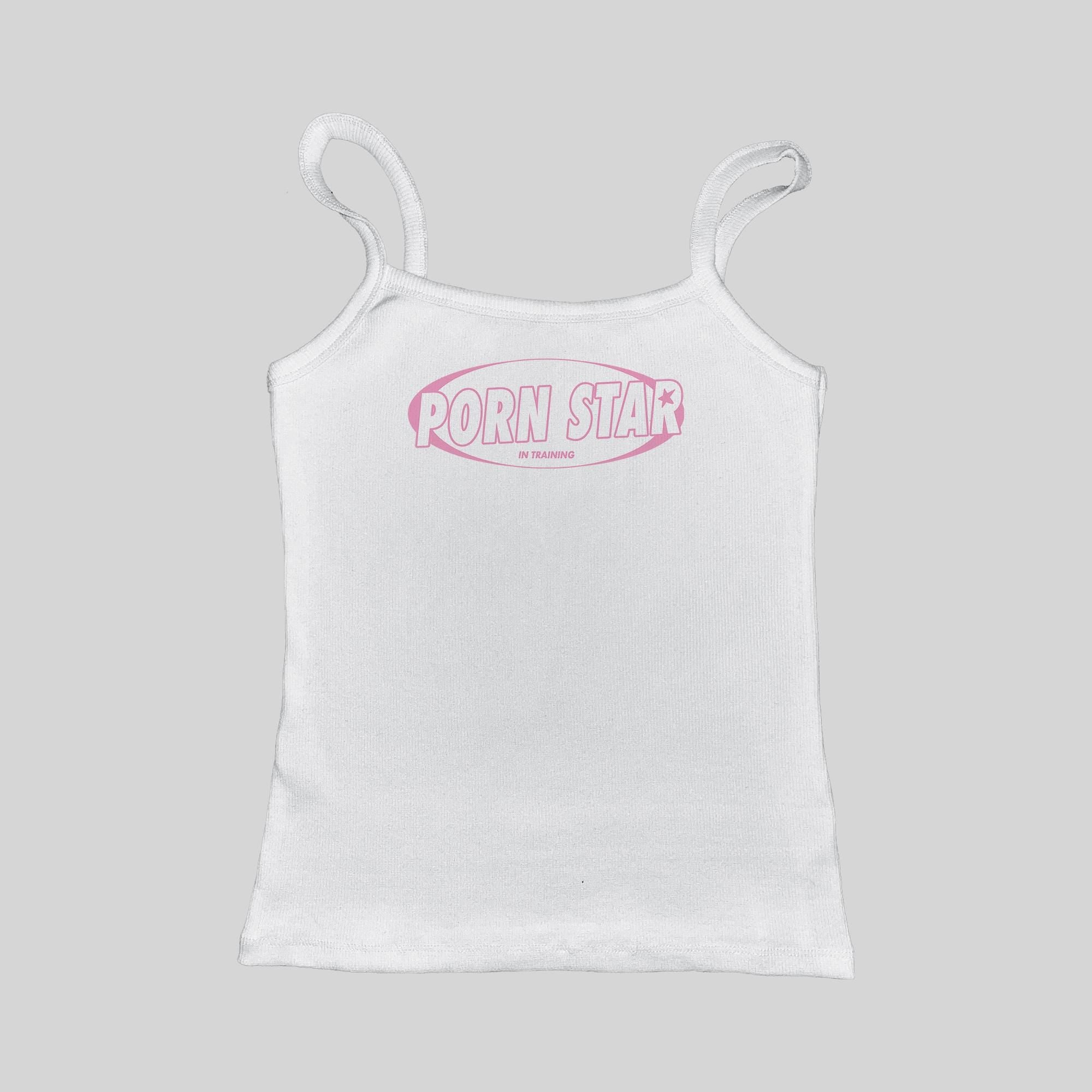Ribbed tank top, white, “PORN STAR” front logo print
