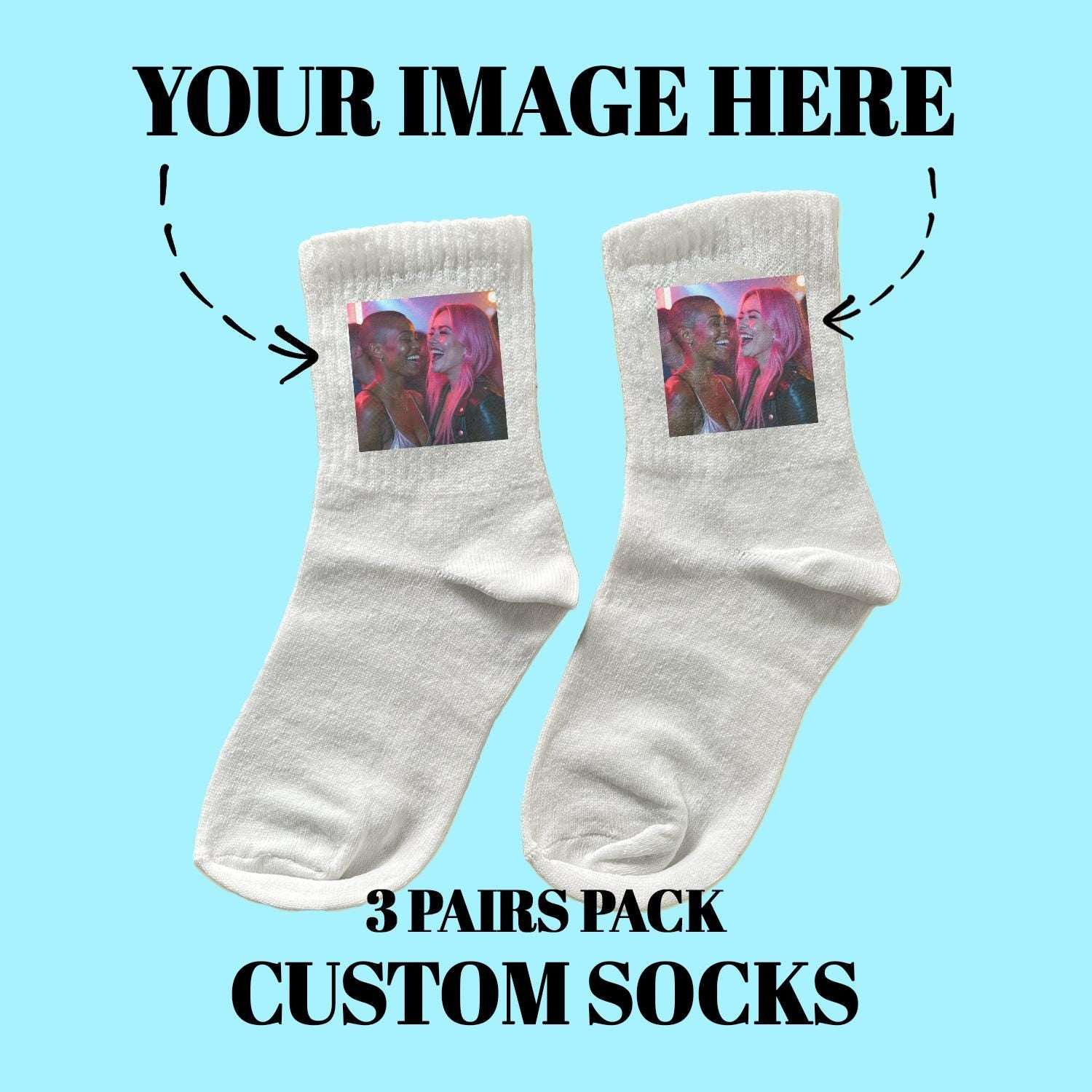 Custom photo socks, light gray pair with square image print of people