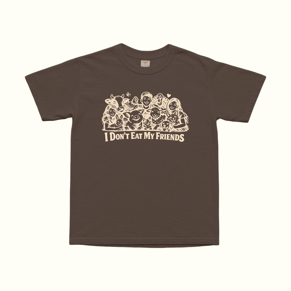 Dark Chocolate T-shirt with “I Don’t Eat My Friends” graphic in light ink