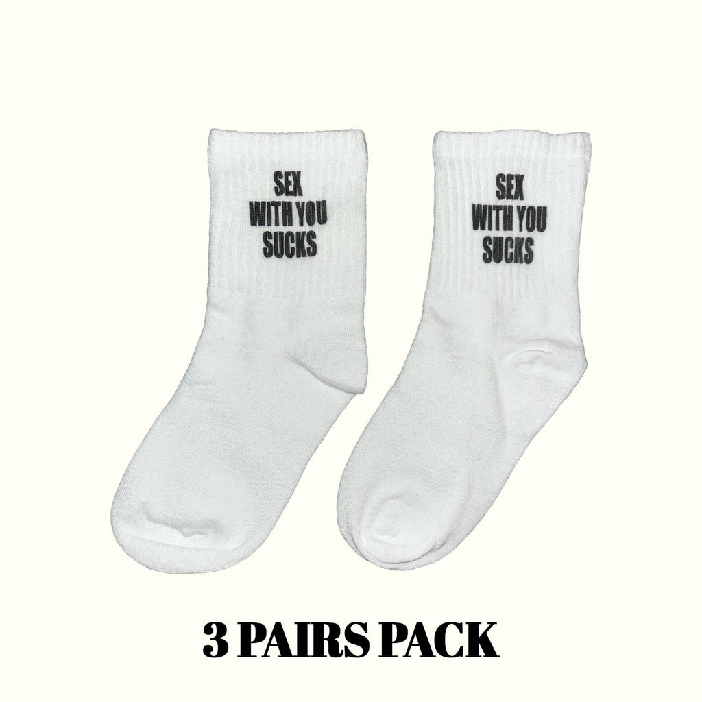 White socks with black 'SEX WITH YOU SUCKS' print—3-pack