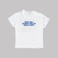 White crop baby tee, 'HOW DO I BLOCK YOU IN REAL LIFE?' blue graphic.