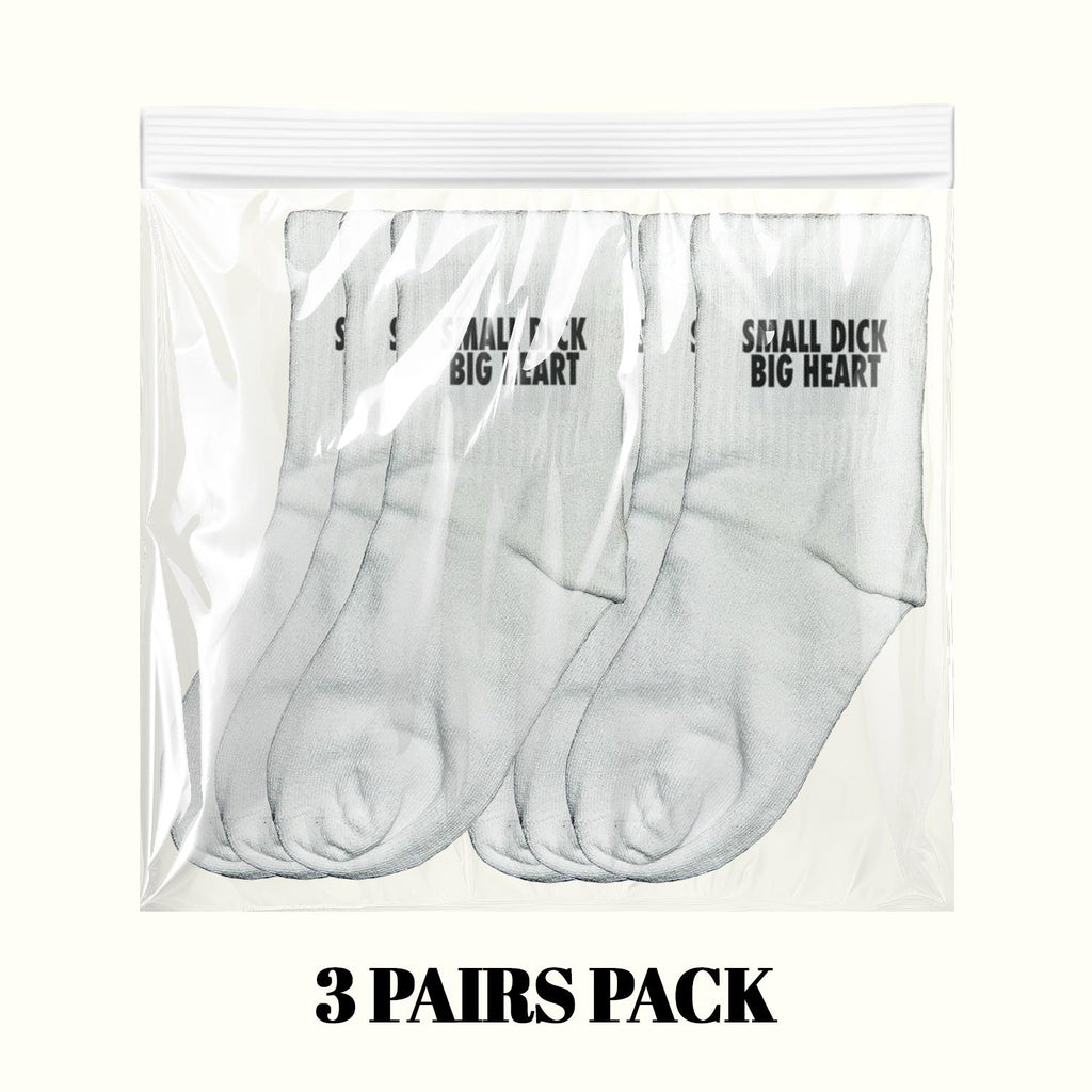 White crew socks in bag with 'Small Dick Big Heart' print, 3-pair pack