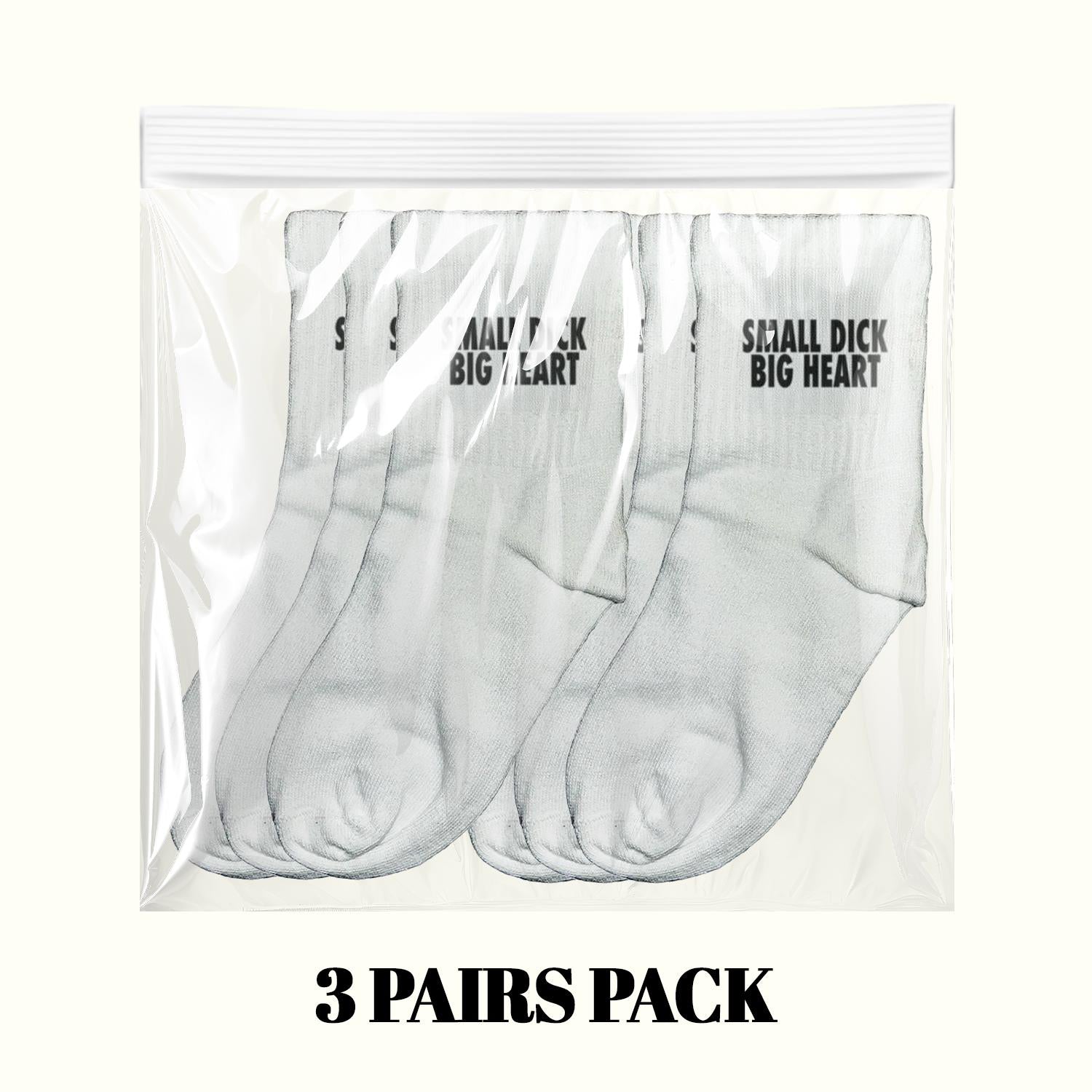 White crew socks in bag with 'Small Dick Big Heart' print, 3-pair pack