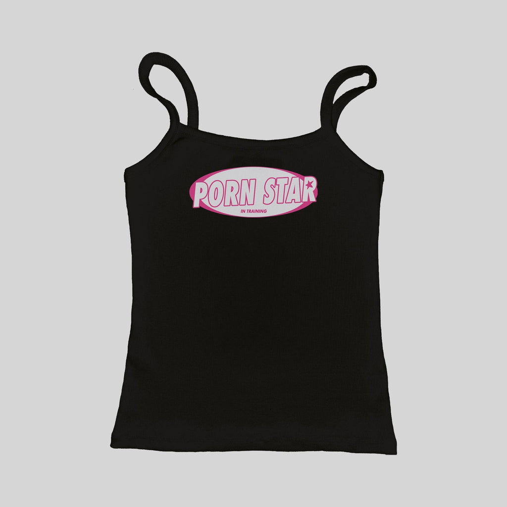 Ribbed tank top, black, “PORN STAR” front logo print