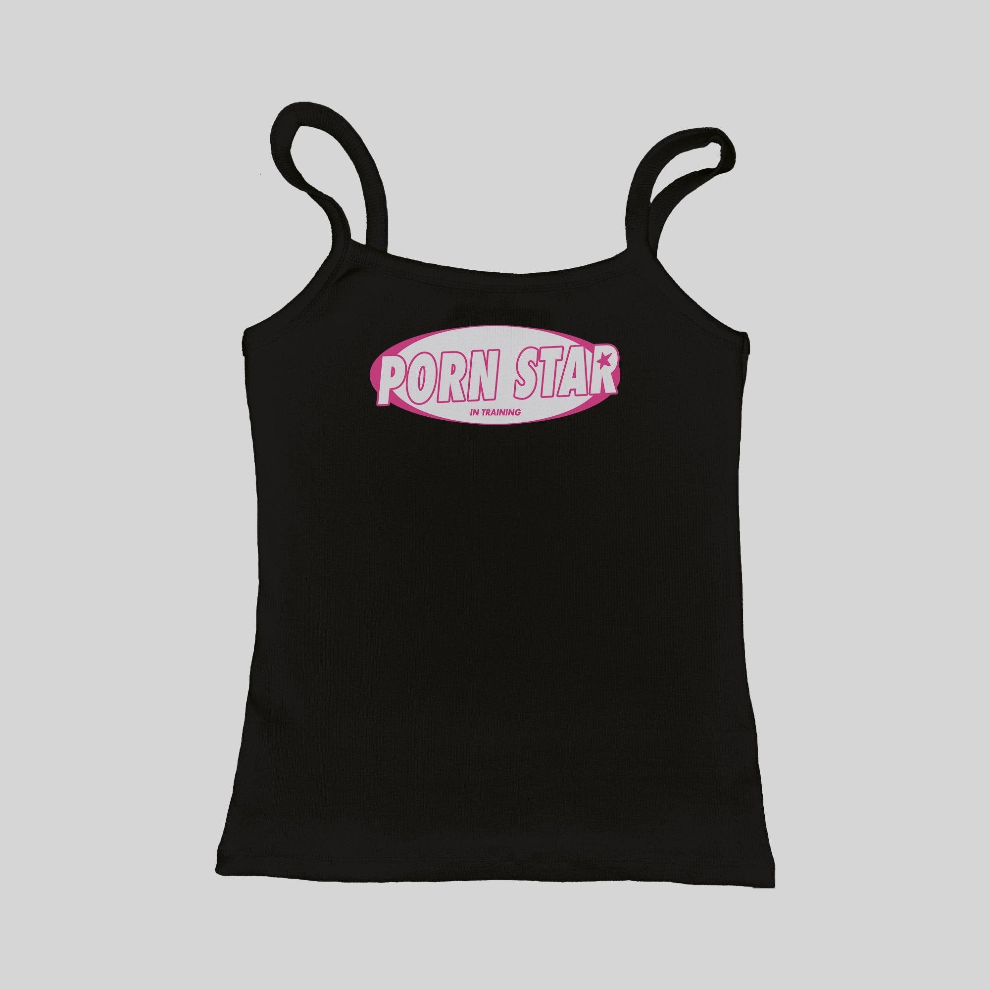 Ribbed tank top, black, “PORN STAR” front logo print