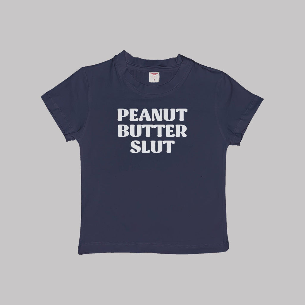 Navy crop baby tee with “PEANUT BUTTER SLUT” front graphic