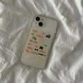 Clear iPhone case with red and multicolor slogan text panel