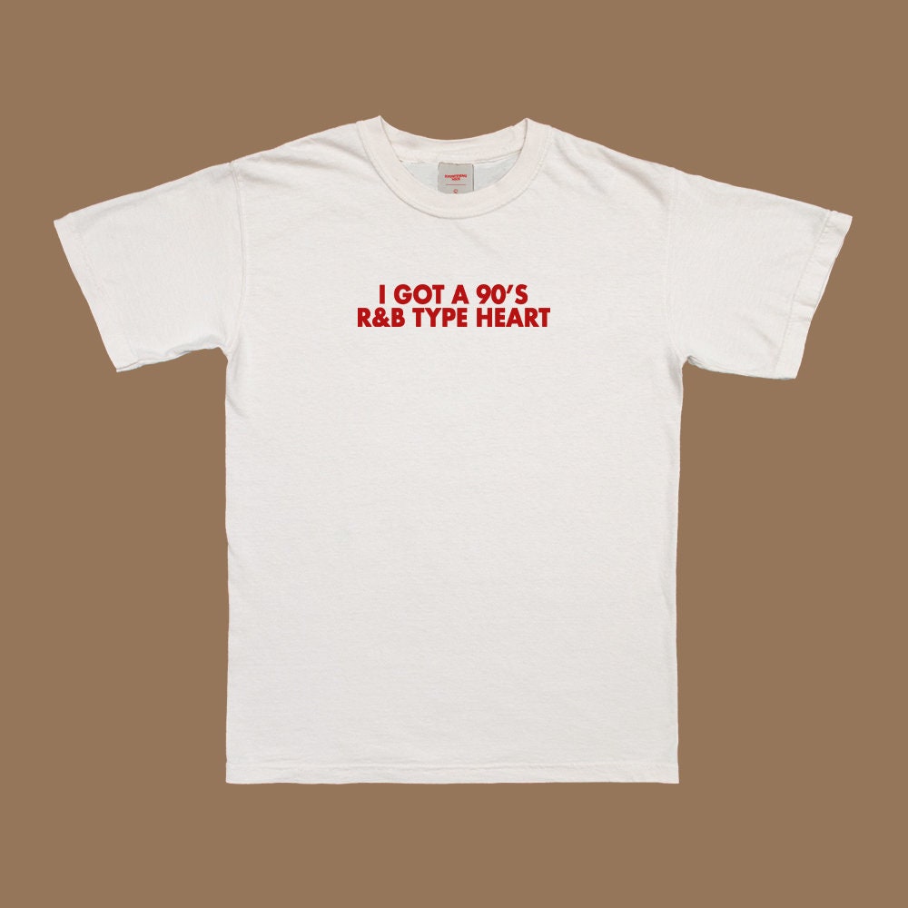 White unisex crewneck T-shirt front with red "I got a 90's R&B Type Heart" print