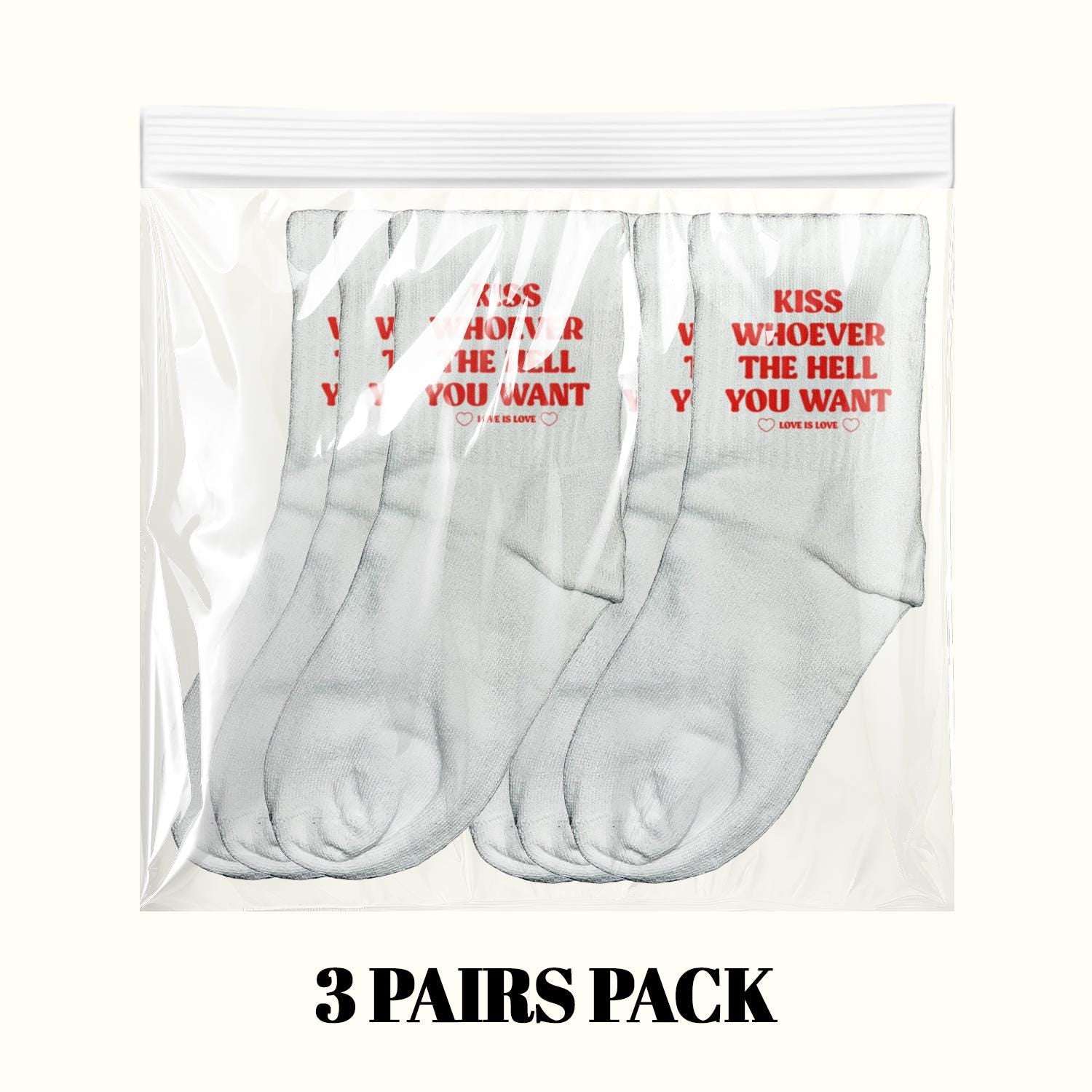 3-pairs pack of light gray socks with red "KISS WHOEVER THE HELL YOU WANT" logo