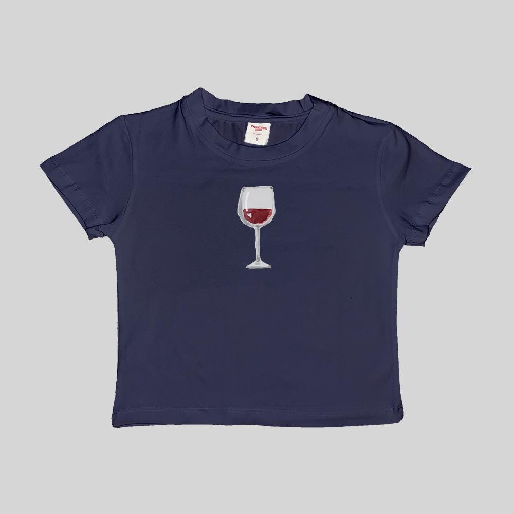 Navy cropped baby T-shirt with wine glass graphic on chest