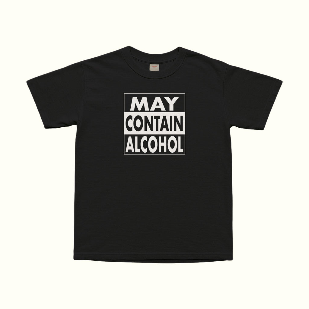 May Contain Alcohol T-Shirt in black with square “MAY CONTAIN ALCOHOL” lettering