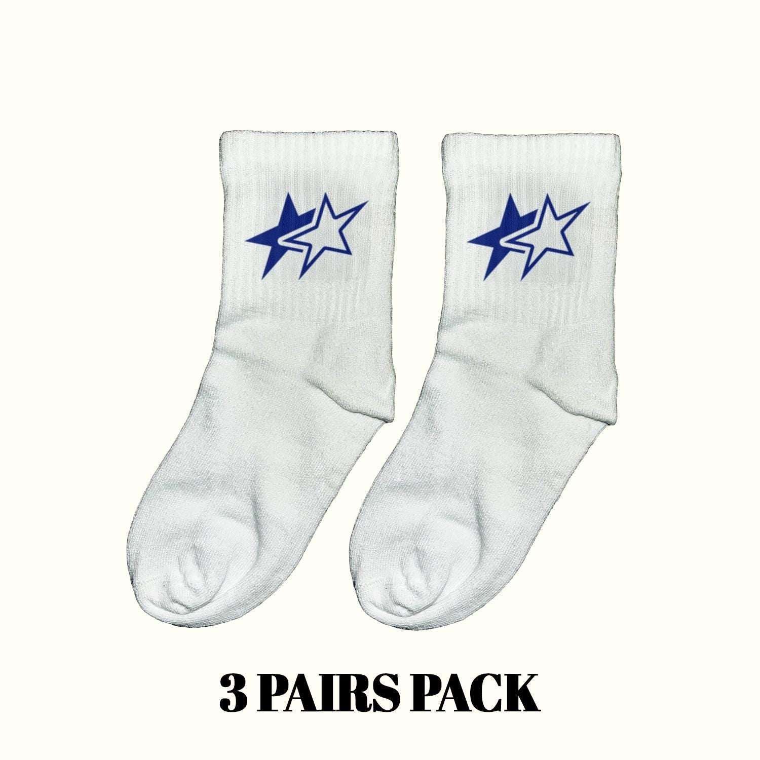 White crew socks with blue lightning star graphic, 3-pair pack