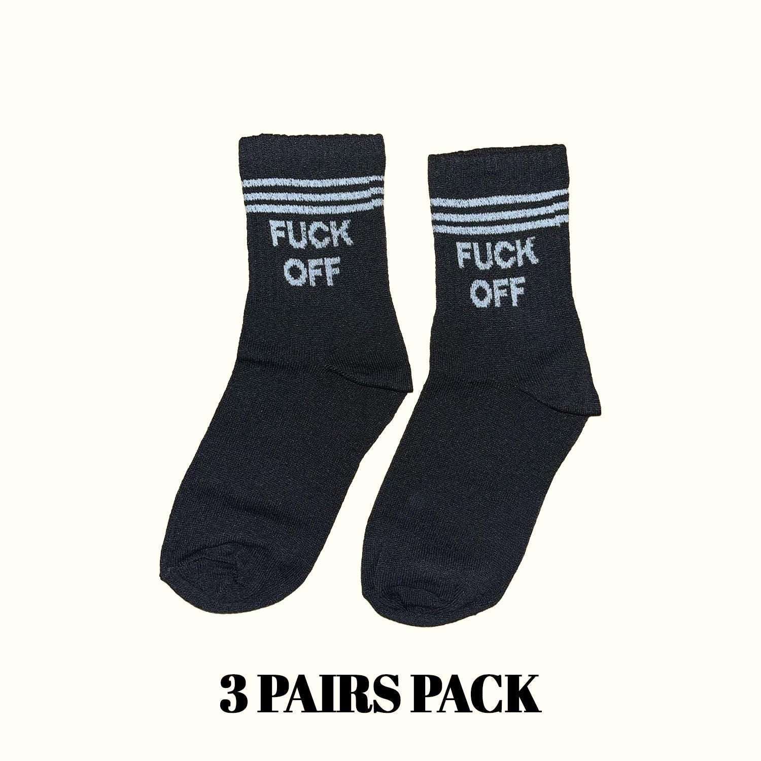 Black crew socks set with white striped cuffs and 'FUCK OFF' text