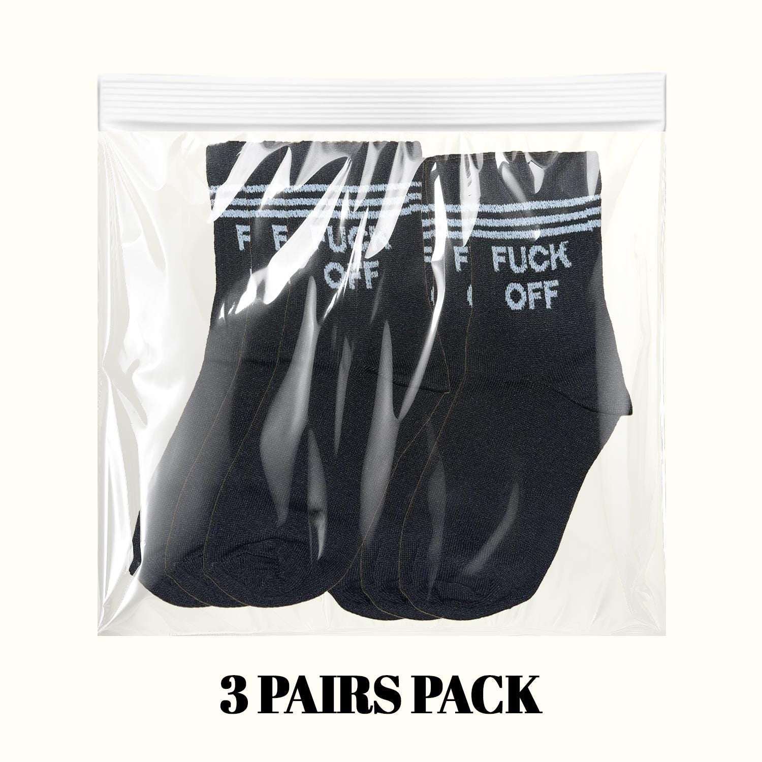 Black crew socks in clear pack, white striped cuffs with 'FUCK OFF' print