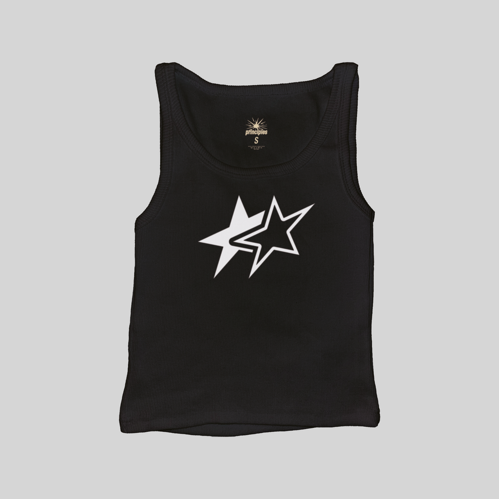 Black muscle tank top with white star graphic on the front