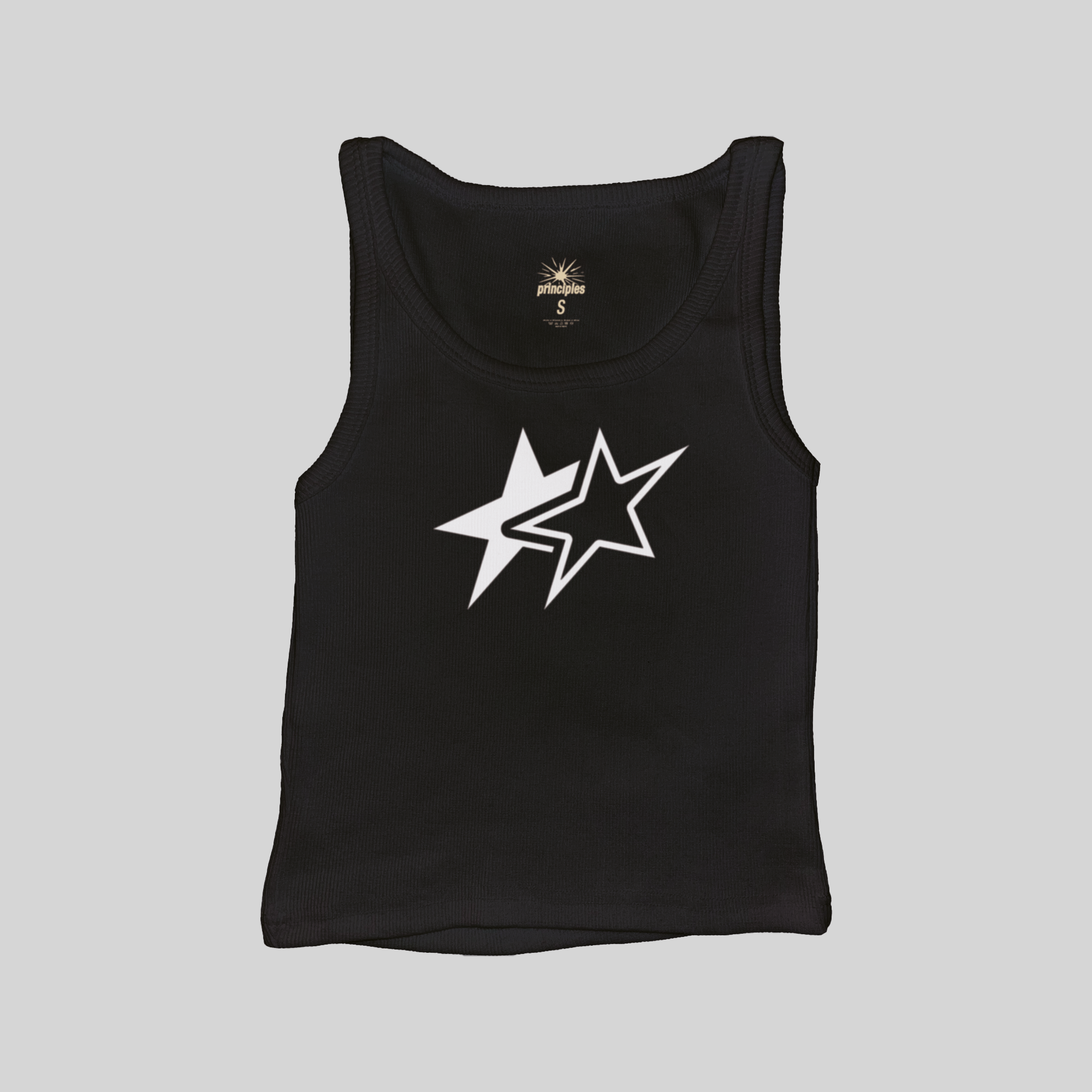 Black muscle tank top with white star graphic on the front
