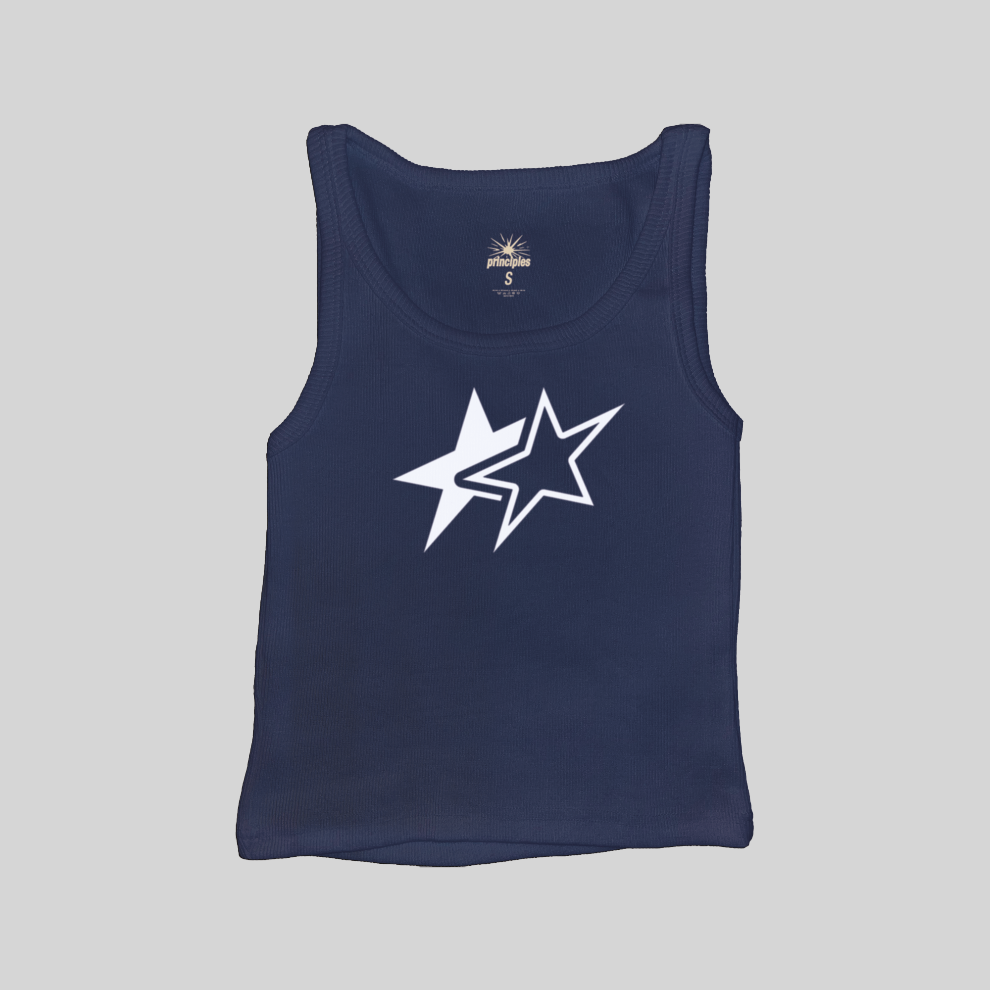 Navy blue muscle tank top with white star graphic on the front