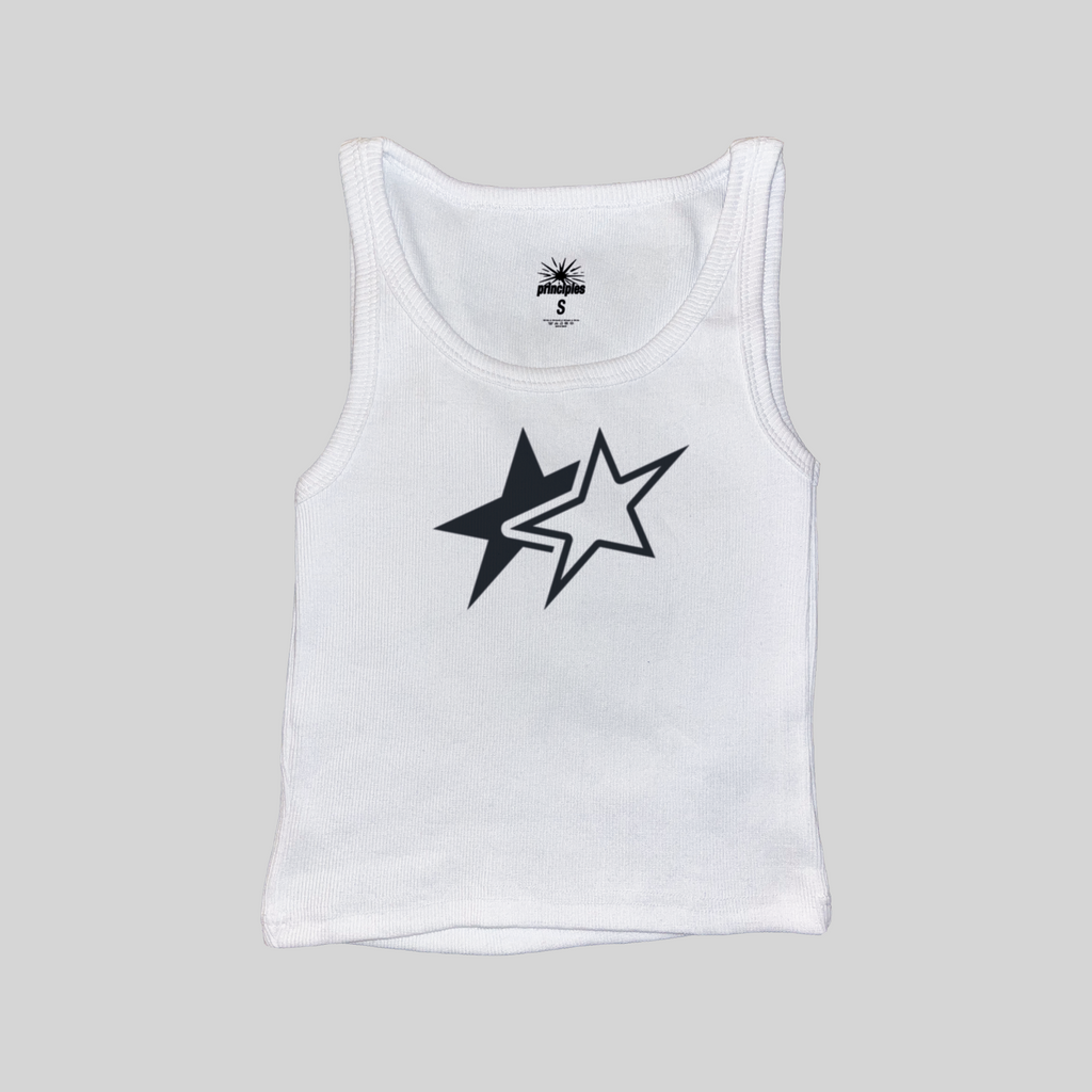 White muscle tank top with black star graphic on the front